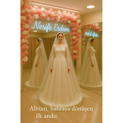 Kendine özgü bir tarzı olan, kalıplara sığmayan ve hayalindeki gelinliği birebir yaşamak isteyen her gelin adayı için Nesife Erdem Gelinlik’te sınırlar sadece hayal gücünüz kadar!  Kendine özgü model 