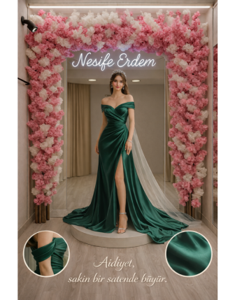 Zümrüt Yeşil Saten Açık Abiye Couture