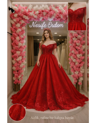 A kesim açık kınalık model düşük omuz couture tasarım