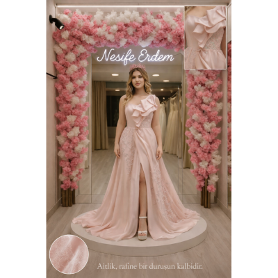 Pudra Pembe Yırtmaçlı Abiye | Aitliğin Rafine Kalbi