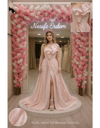 Pudra Pembe Yırtmaçlı Abiye