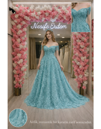 Turkuaz Dantel Prenses Abiye