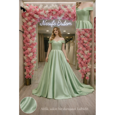 Mint Yeşil Saten A Kesim Abiye
