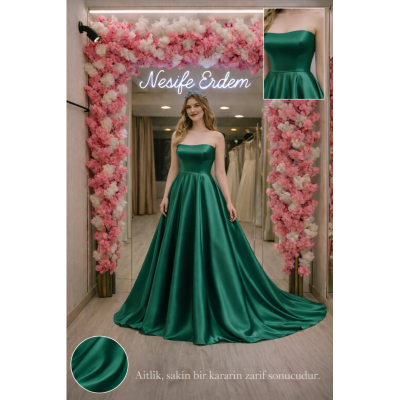 Zümrüt Yeşili Saten A Kesim Abiye