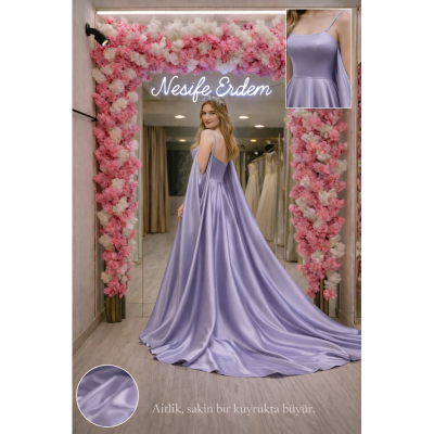 Lavanta Parlak Saten Prenses Abiye