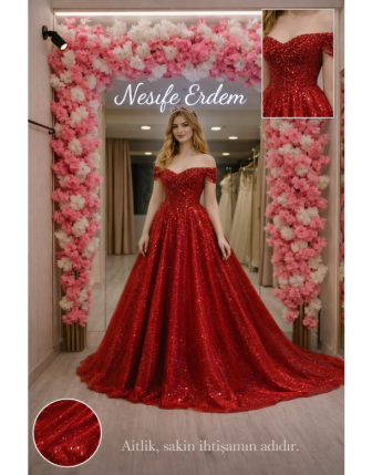 Kırmızı Taşlı Askısız Abiye