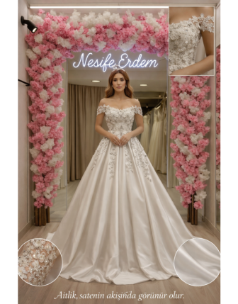 Saten Çiçekli Düşük Omuz Abiye