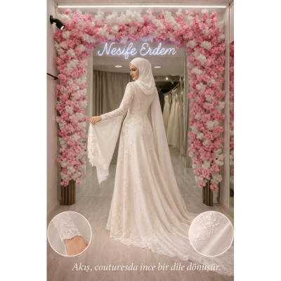 Uzun kuyruklu tesettürlü nikahlık beli ince gösterir mi? Akışın zarif bir formu