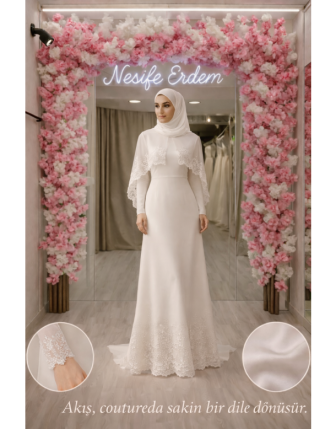 Pelerin Detaylı Tesettürlü Nikahlık – Modern Dantel Dokunuşlu