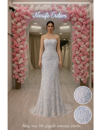 Buz Mavi Fransız Dantel Balık Nişanlık