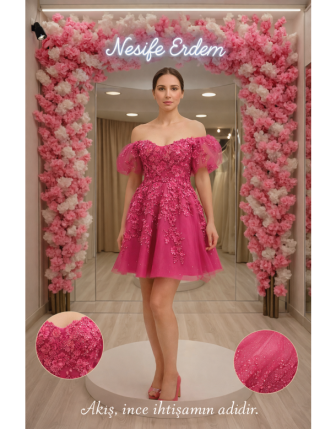 Fuşya Çiçek Aplikeli Mini Nişanlık