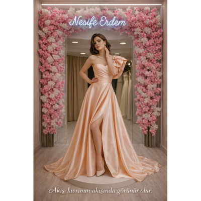 İnci Şeftali Tek Omuz A Kesim Nişanlık – Kıvrımın Zarif Akışı