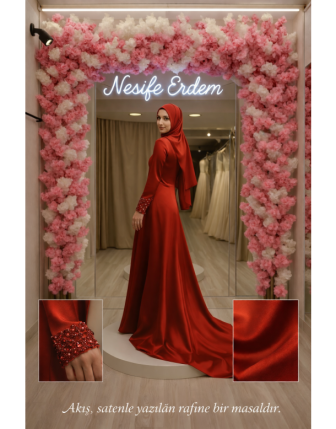 Kırmızı Saten Kuyruklu Nişanlık