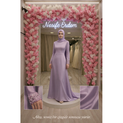 Lila Saten Tesettürlü Nişanlık: Minimal Çizgide Sessiz Akış