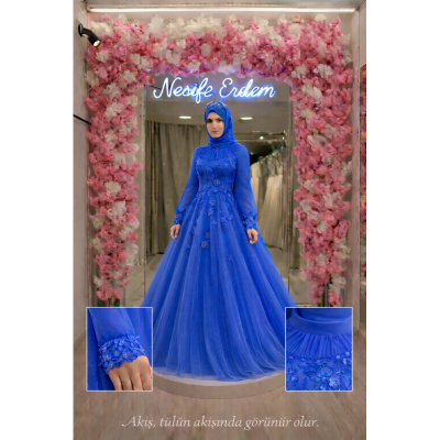 Tesettür Nişanlık A Kesim: Tülün Akışında Şekillenen Elektrik Mavi