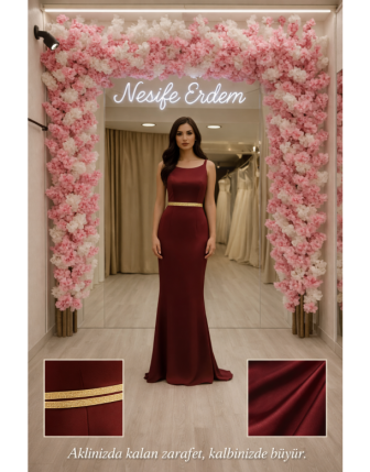 Bordo Krep Saten Balık Abiye