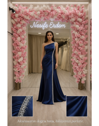 Gece Mavisi Saten Balık Abiye