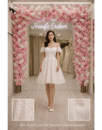 Kısa Beyaz Askısız Dantel Abiye