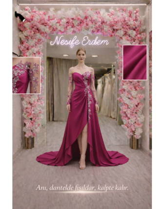 Fuşya Drapeli Nakışlı Abiye