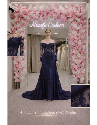 Lacivert Dantelli Kuyruk Abiye