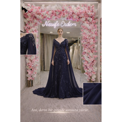 Lacivert Pelerin Kol Abiye