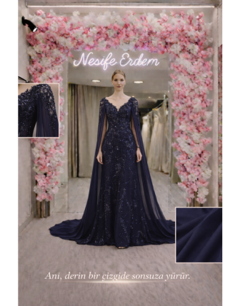 Lacivert Pelerin Kol Abiye