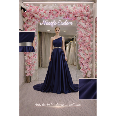 Lacivert Tek Omuz Abiye