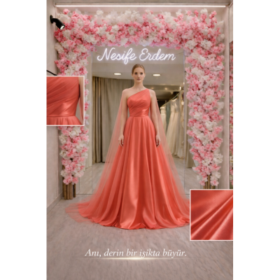 Mercan drapajlı kuyruklu abiye