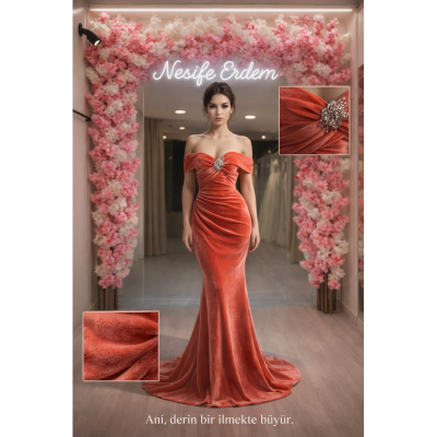 Mercan kadife straplez abiye