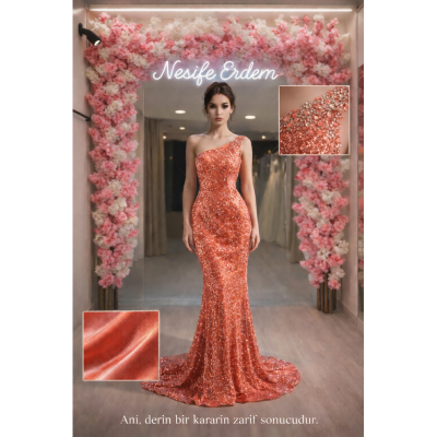 Mercan tek omuz abiye