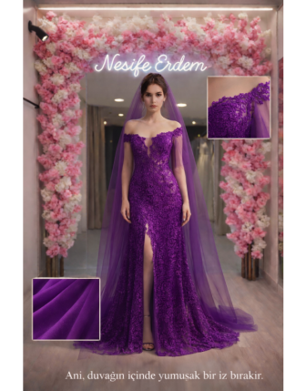 Mor Dantel Transparan Abiye