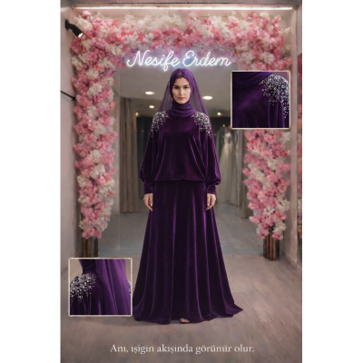 Mor Kadife Tesettür Abiye