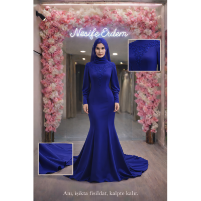 Saks Mavi Tesettür Balık Abiye – Mat Saten, Dantel Nakışlı, Modern Couture Silhouette