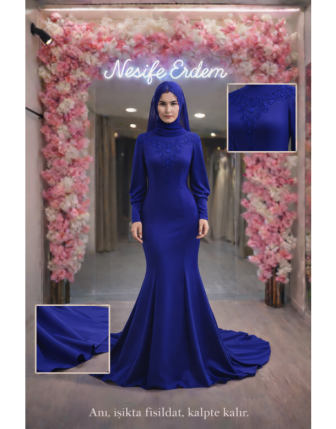 Saks mavi tesettür balık abiye