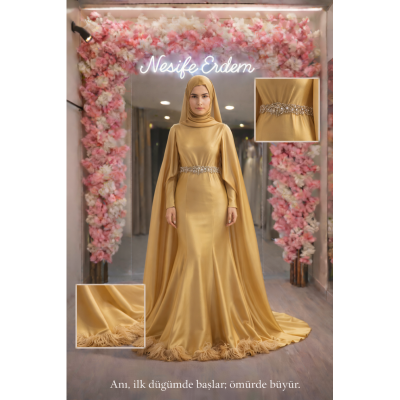 İlk Düğümde Başlayan Işıltı: Gold Tafta Balık Tesettür Abiye