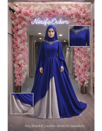 Veloura Saks Asimetrik Tesettür Abiye