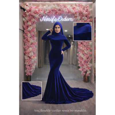 Saks Kadife Kuyruklu Mermaid Tesettür Abiye – Sessiz Gücün Akışkan Formu
