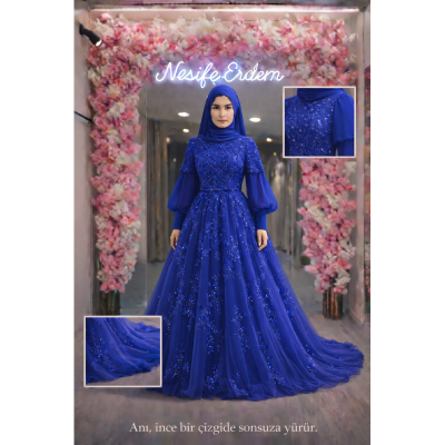 Elektrik Mavi Tül Nakışlı A Kesim Tesettür Abiye – Işığın İçinden Geçen Zarafet
