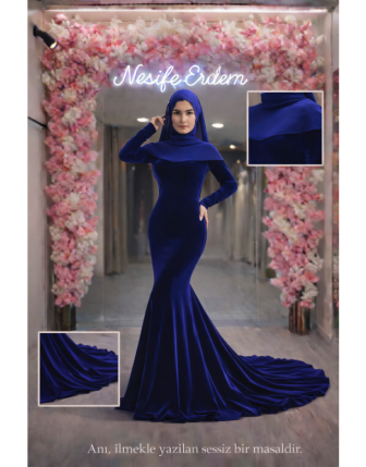 Saks Kadife Kuyruklu Mermaid Tesettür Abiye