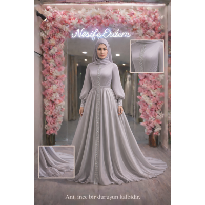 LUNARA A KESİM AÇIK GRİ İPEK PAYET ŞERİTLİ ABİYE – ZAMANSIZ AKIŞIN SAF HALİ