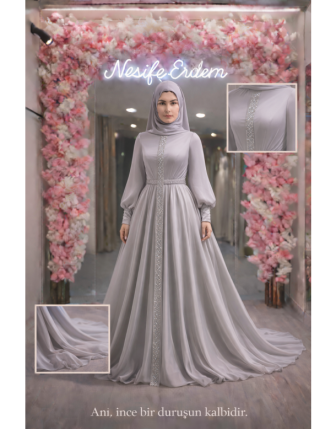 Lunara A Kesim Açık Gri İpek Payet Şeritli Tesettür Abiye