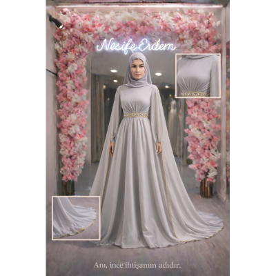LUNARA DRAPE ALTIN ŞERİTLİ AÇIK GRİ İPEK SATEN ABİYE – İNCE İHTİŞAMIN DENGE SANATI