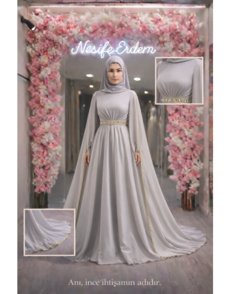 Lunara Drapeli Bel Altın Şeritli Açık Gri İpek Saten Tesettür Abiye