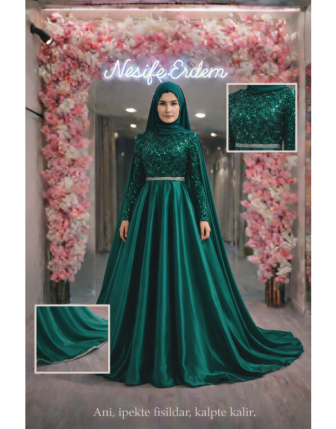 Pudra Bej Dantel A Kesim Tesettür Abiye