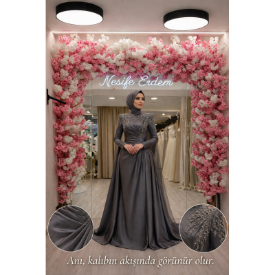 Lunara Antrasit Taş İşlemeli A Kesim Abiye – Akışın İçinde Güçlü Zarafet