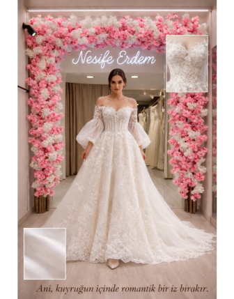 Nesife Erdem – Pearl White Kaburga A Kesim Dantel Gelinlik