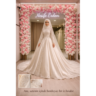 Ivory A Kesim Tesettürlü Gelinlikte Zamansız Couture Işıltısı