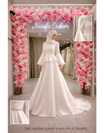 Pearl White A Kesim Tesettürlü Saten Gelinlik