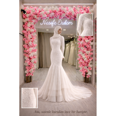 Soft Silver White Tesettürlü Balık Model Gelinlik Zarafeti