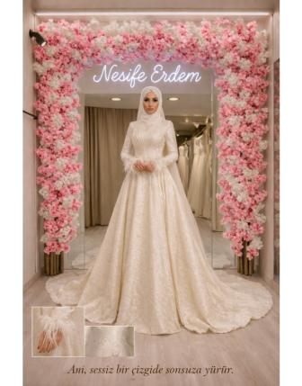 Tesettürlü Helen Brokar Gelinlik – Catedral Train Sessiz Couture